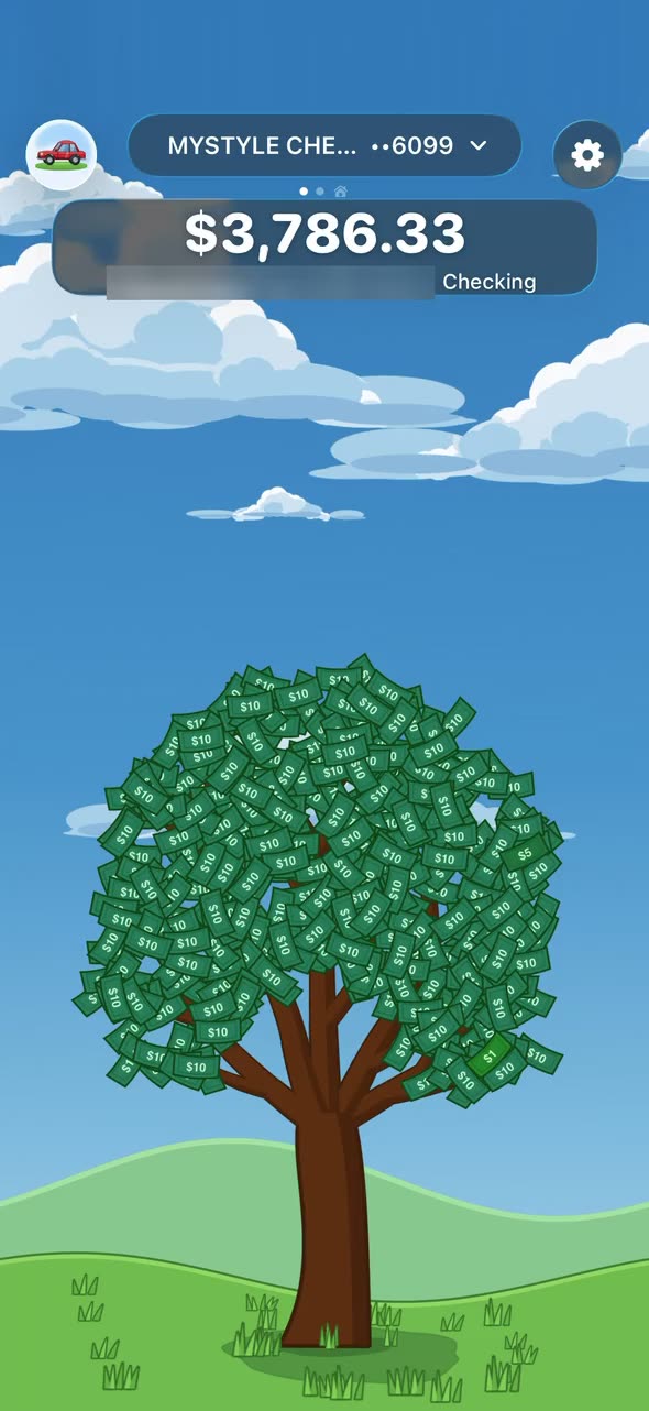 Kold Hard Kash on iPhone: a checking account's money tree swaying in the wind under its balance